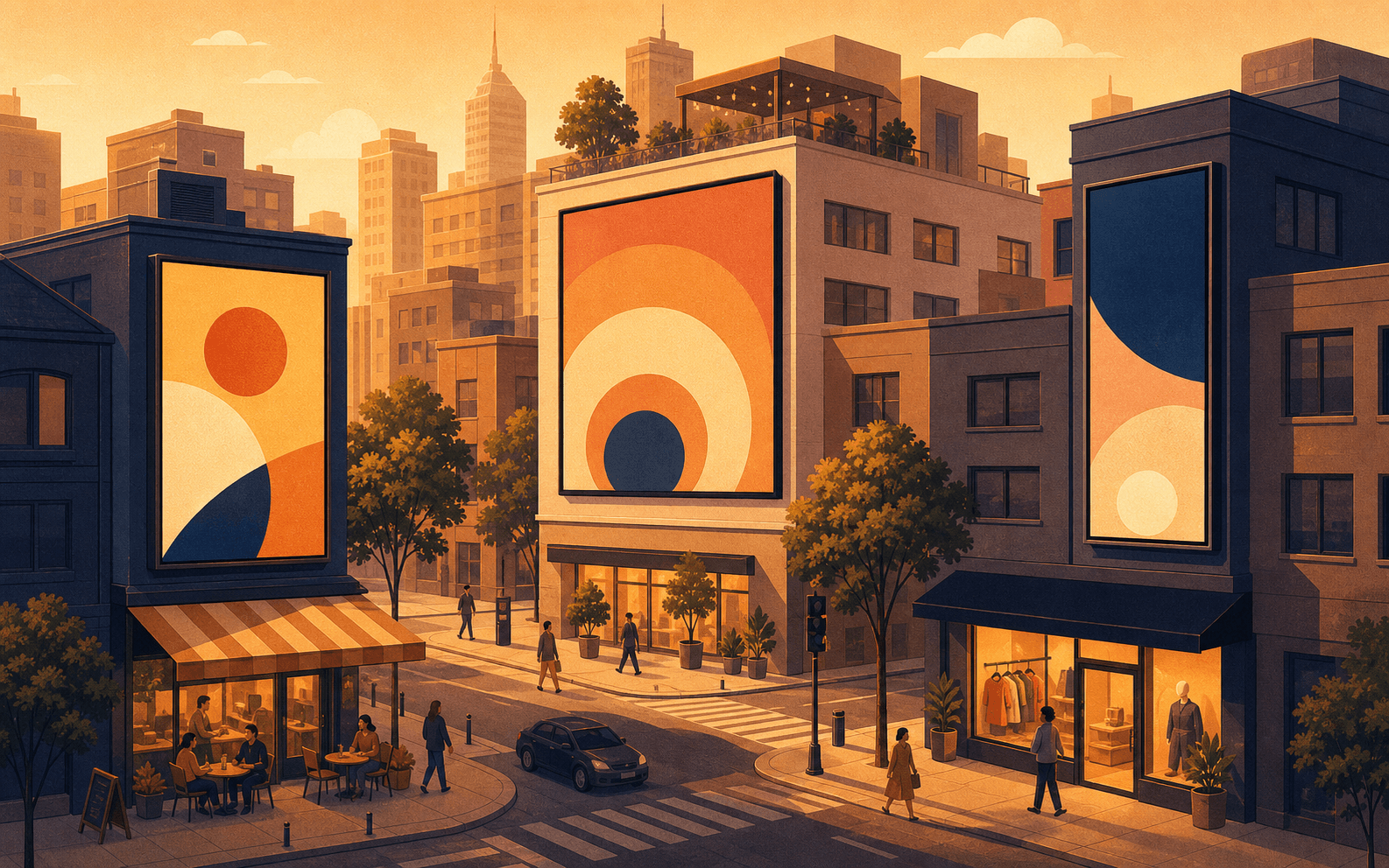İzometrik kafe ve butik sokağında üç DOOH ekranı, golden hour aydınlatması