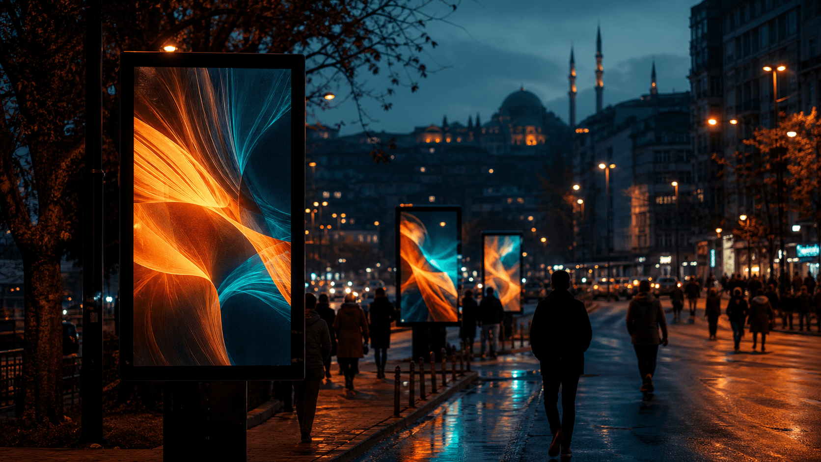 Gece İstanbul'da üç dijital açık hava ekranı, arka planda Galata silüeti